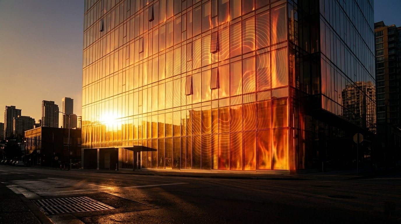 Modern glass building facade under intense sunlight — thermal load visible in the shimmer