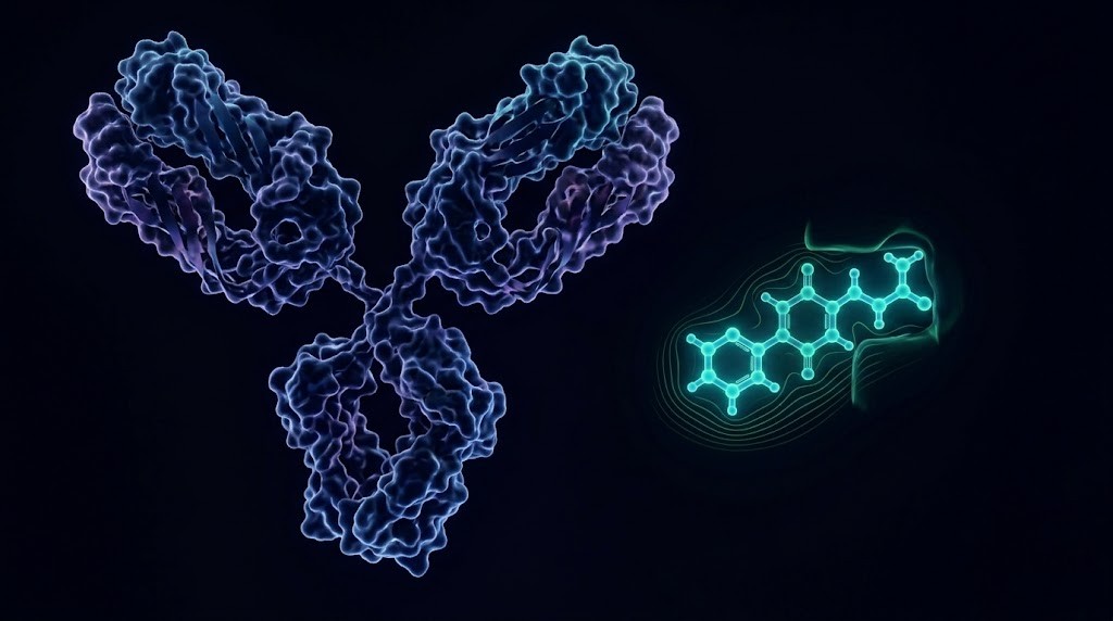 Small designed synthetic binder compared to a massive antibody protein — the scale contrast