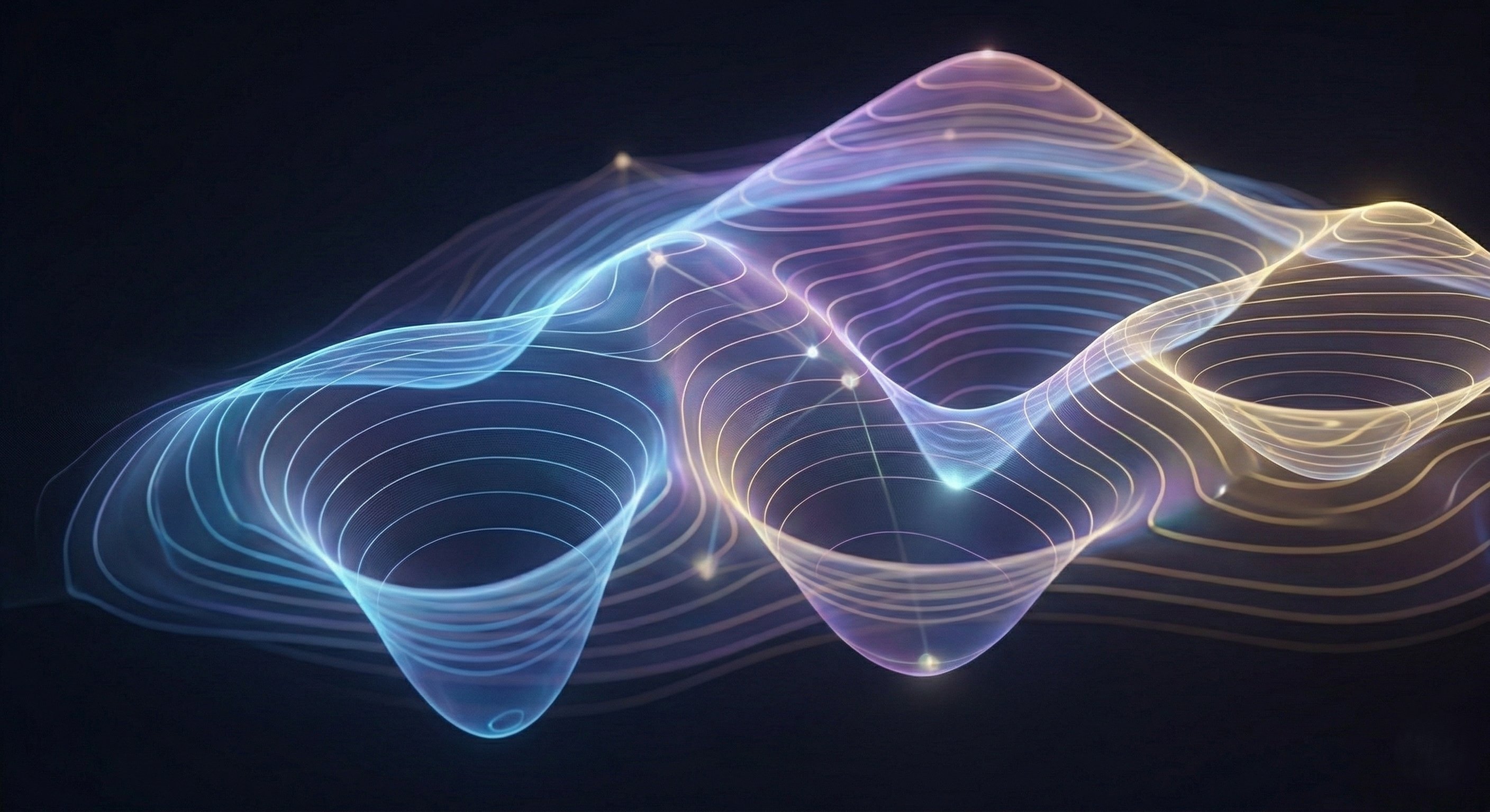 Binding energy landscape — two molecular surfaces meeting on a computed interaction surface
