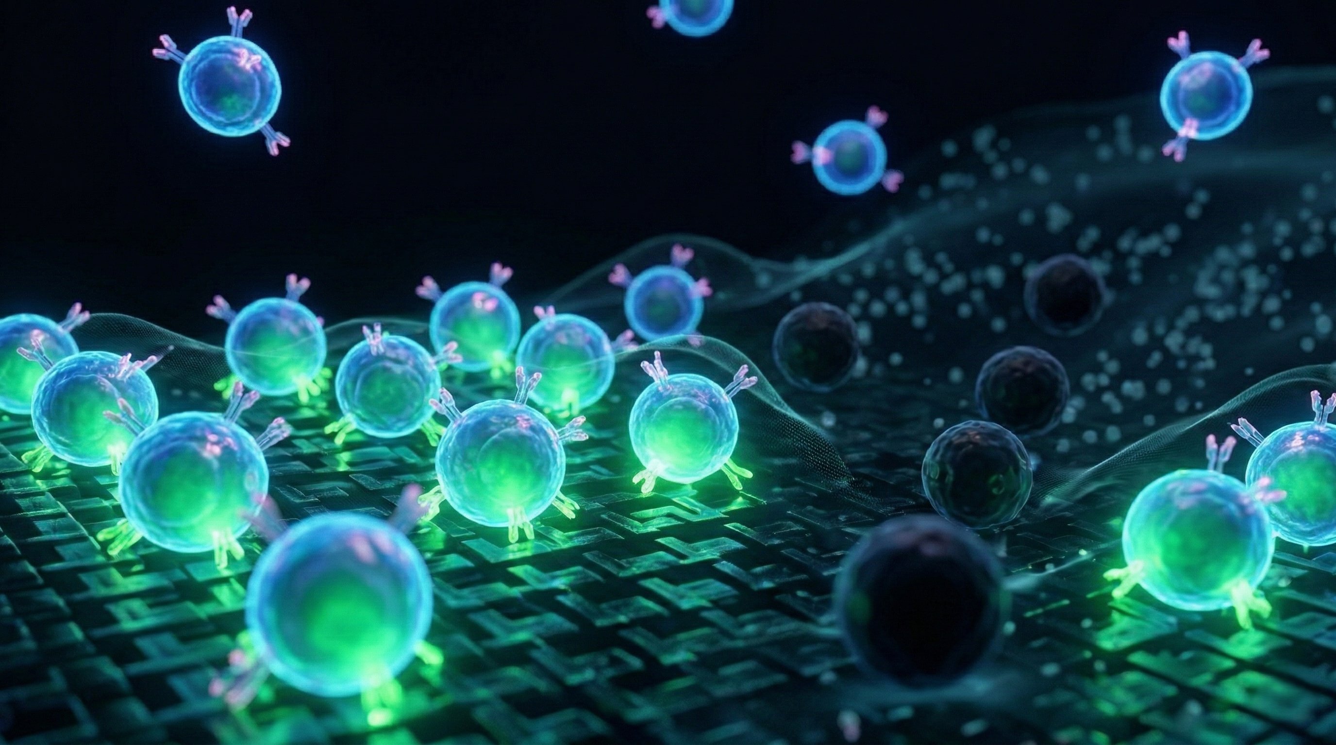 B cells settling onto a designed glycan-binding surface — selective capture replaces flow cytometry