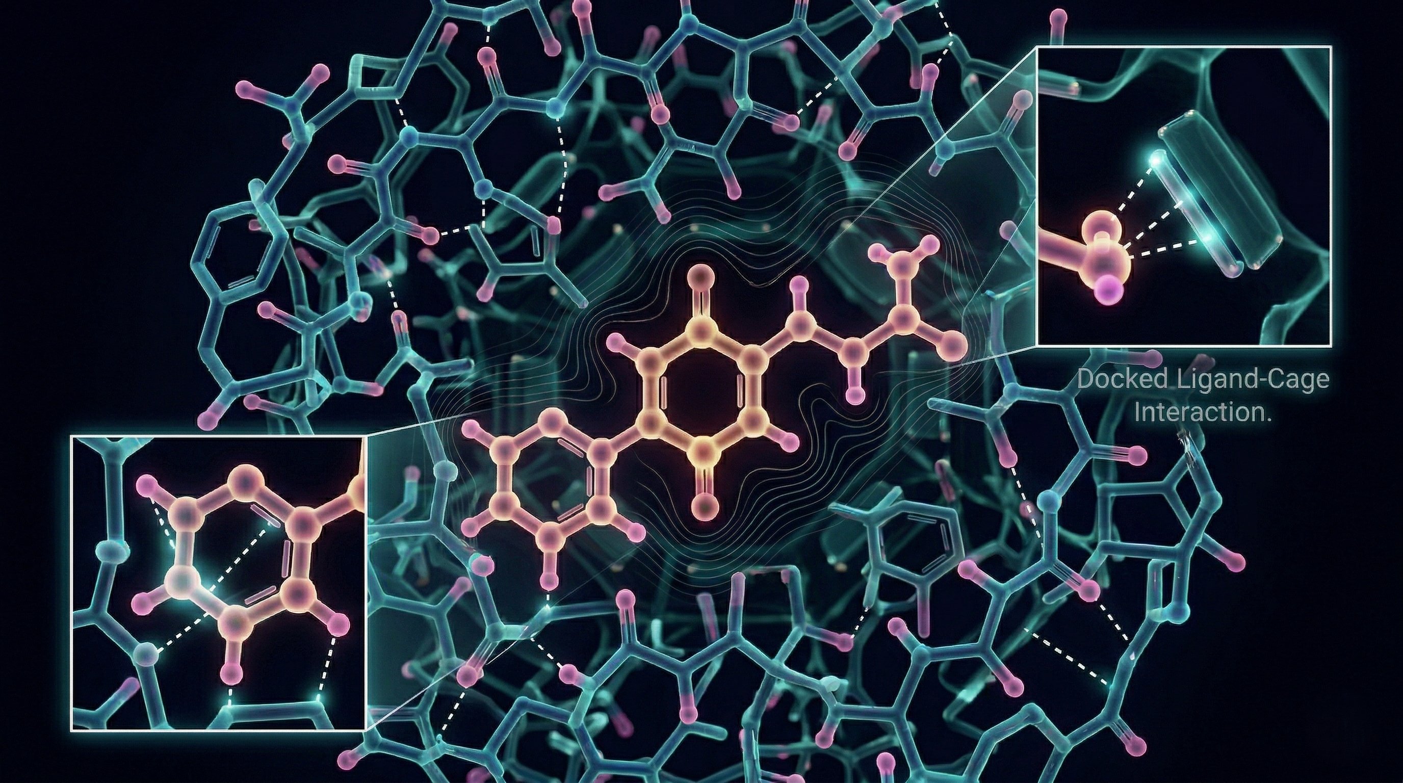 Porous organic cage with 6PPD-quinone molecule captured inside, showing designed molecular interactions