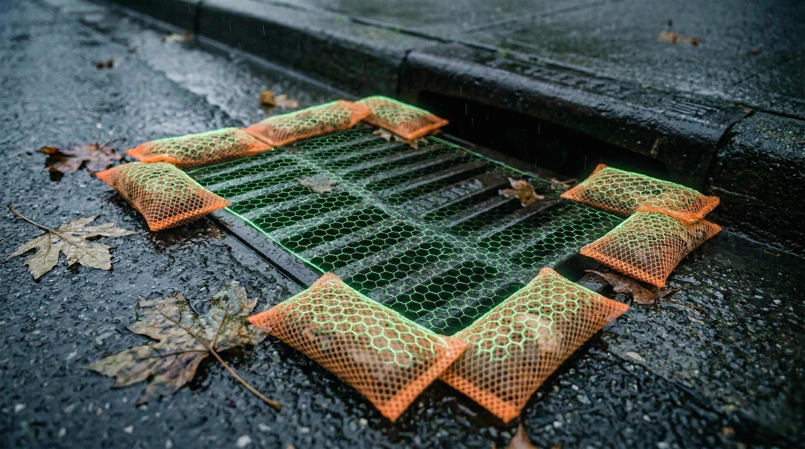 Storm drain filter with molecular capture mesh glowing green beneath the grate during rain