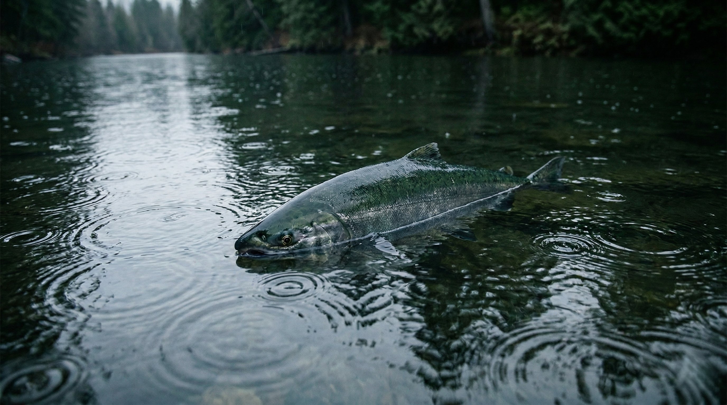 Coho salmon in a British Columbia stream during rain